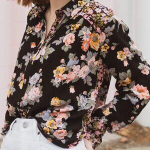 Free People Floral Blouse - Black with Multicolor Flowers